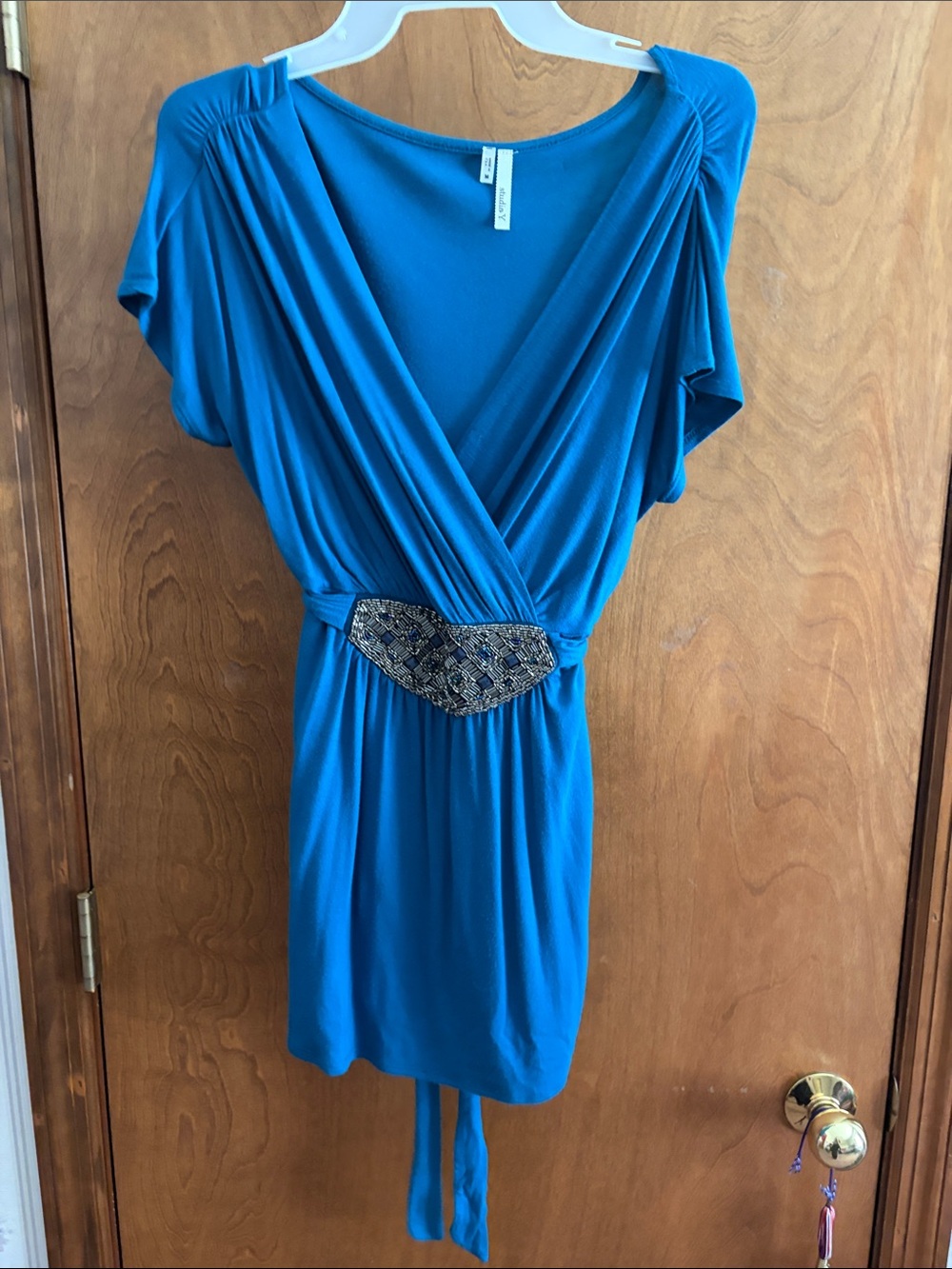 Studio Y Teal Wrap Top with Beaded Waist Accent